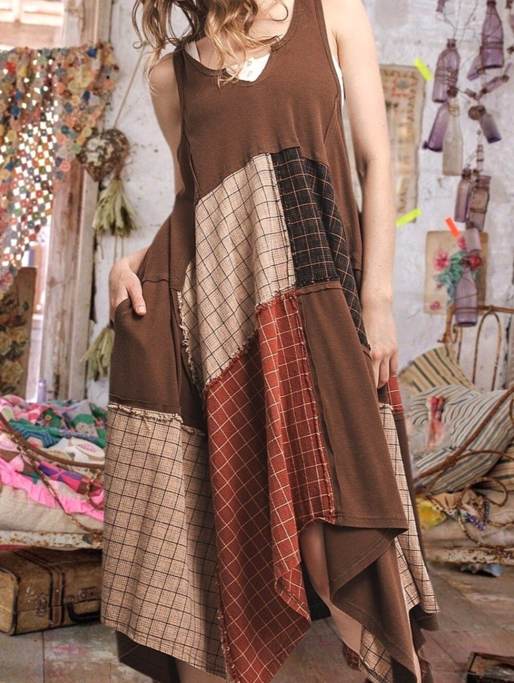 Boho Patchwork Free Style Tank Dress Bohemian Summer Hippie Peasant Dress L/XL - Picture 5 of 8